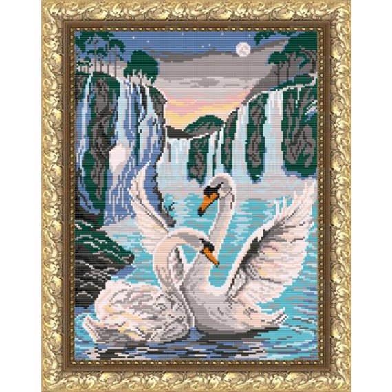 Рисунок на ткани "Лебеди у водопада"