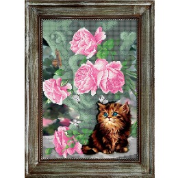Рисунок на ткани для вышивания бисером "Котёнок и розы"