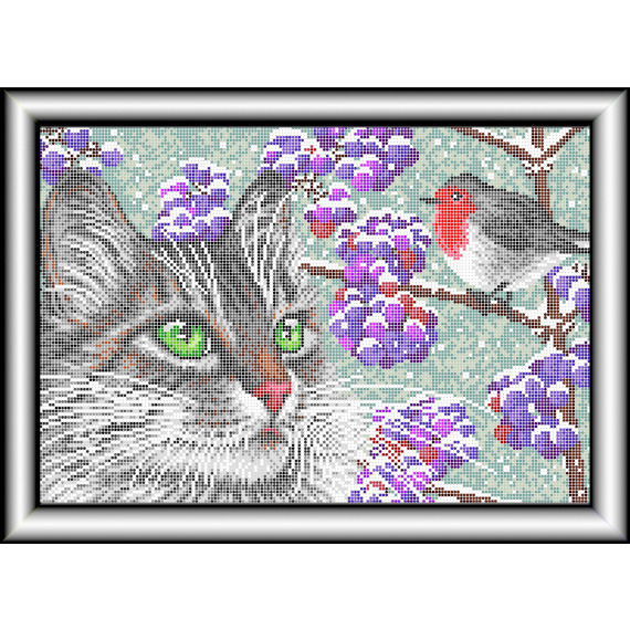 Рисунок на ткани для вышивания бисером "Снегирь и кот"