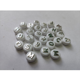 Бусины Алфавит (таблетки, английский, белый/серебро 9 мм) 500 гр