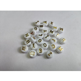 Бусины Алфавит (таблетки, английский, белый/золото 9 мм) 500 гр