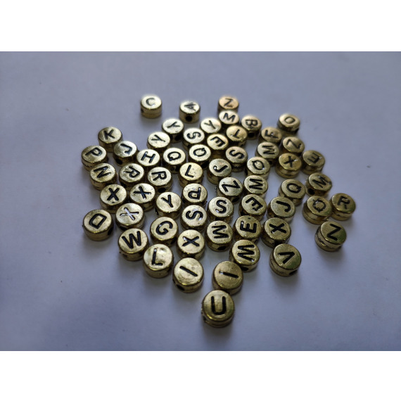 Бусины таблетки золотые с английским  алфавитом 5  мм (500 гр)