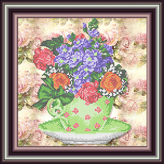Рисунок на ткани для вышивания бисером "Чашечка с цветами 1"